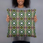 A square cushion with a geometric pattern in black and white. The cushion features a repeating diamond pattern with alternating black and white diamonds. The cushion is made from a soft, durable, and easy-to-clean poly weave fabric.