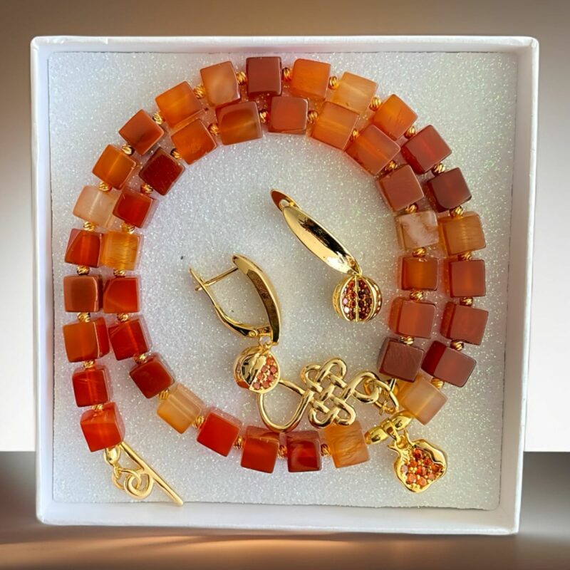 "GRENADE" LUXURY NATURAL CARNELIAN AGATE STONE NECKLACE & EARRINGS JEWELRY SET