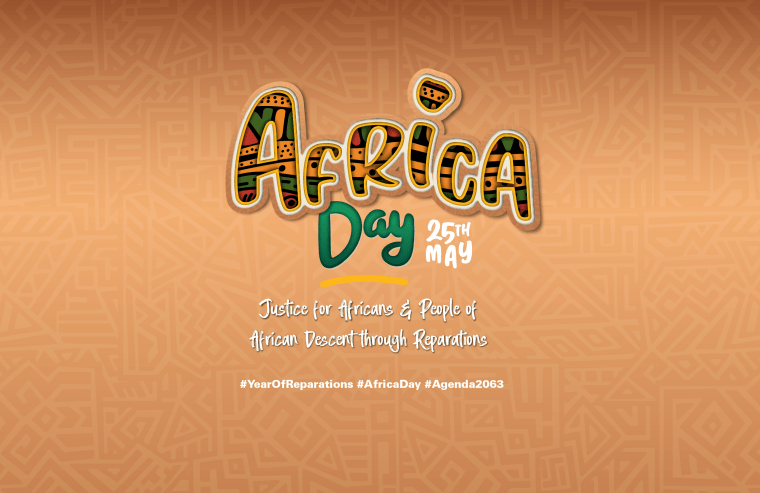 Colorful graphic design celebrating Africa Day on May 25th, featuring the text 'Africa Day' with patterns and symbols, along with a message about justice for Africans and people of African descent through reparations.