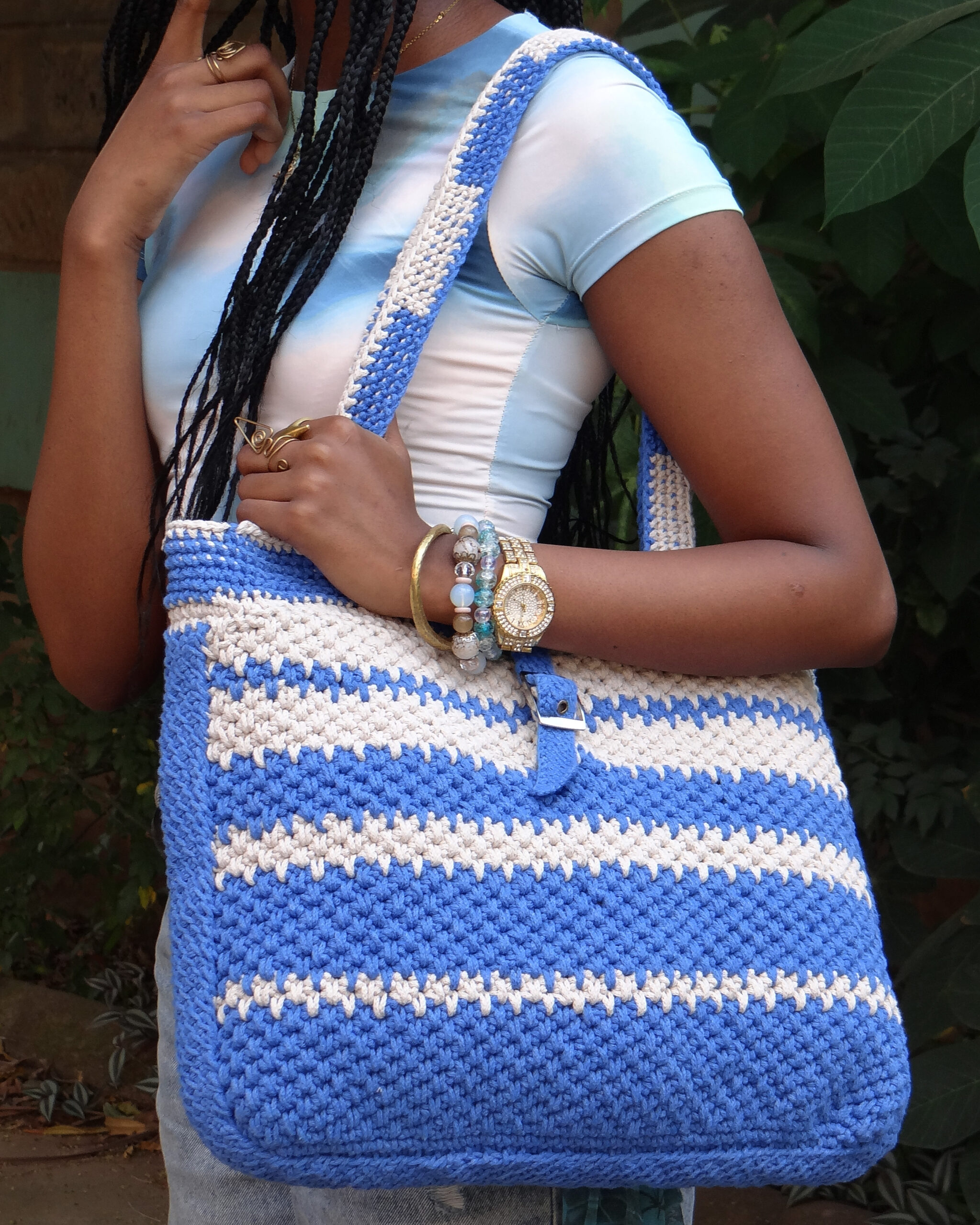 blue and white striped macrame crochet tote