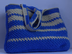 blue and white tote, macrame crochet.